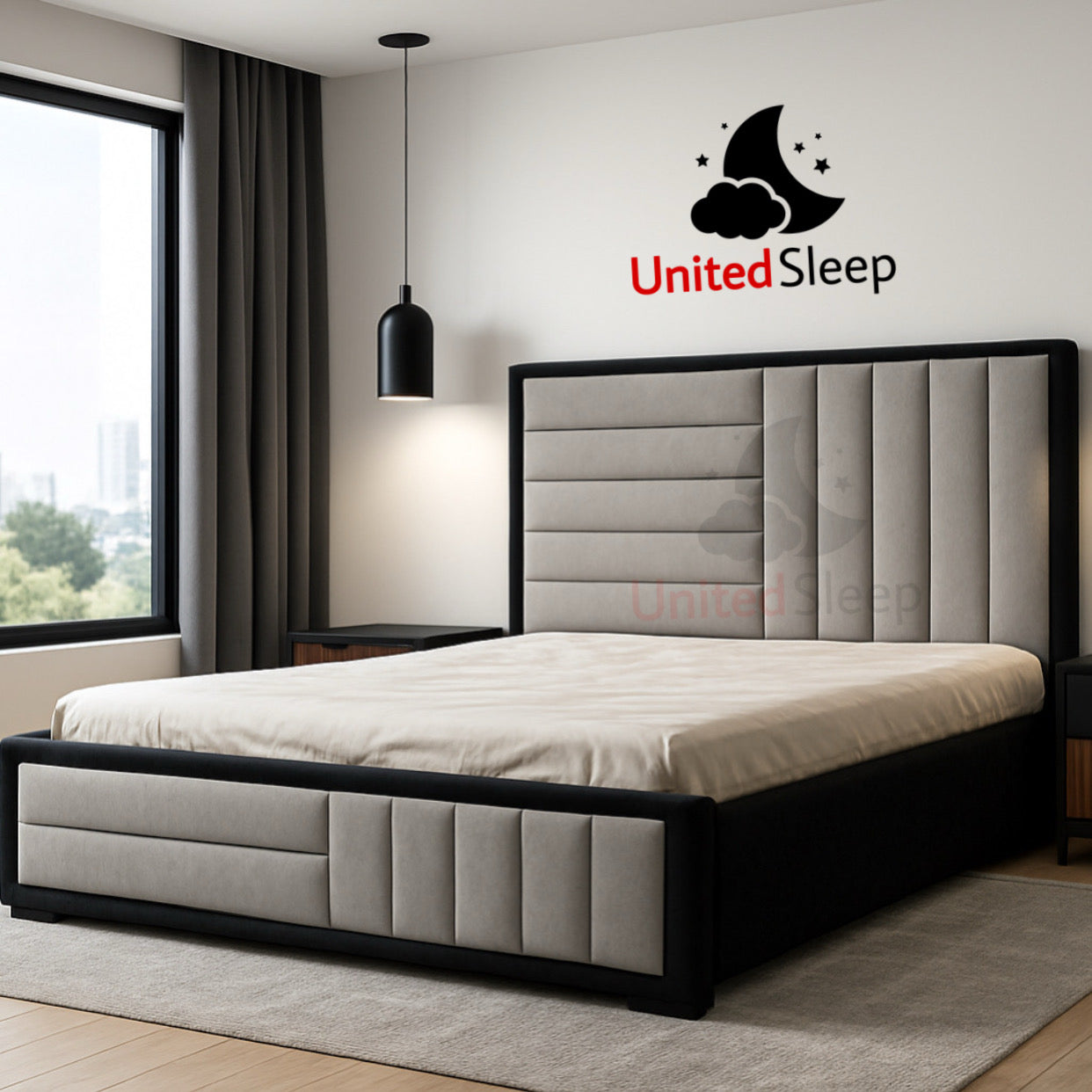Modern Elegance Upholstered Bed Frame – Black & Grey Fabric Finish
